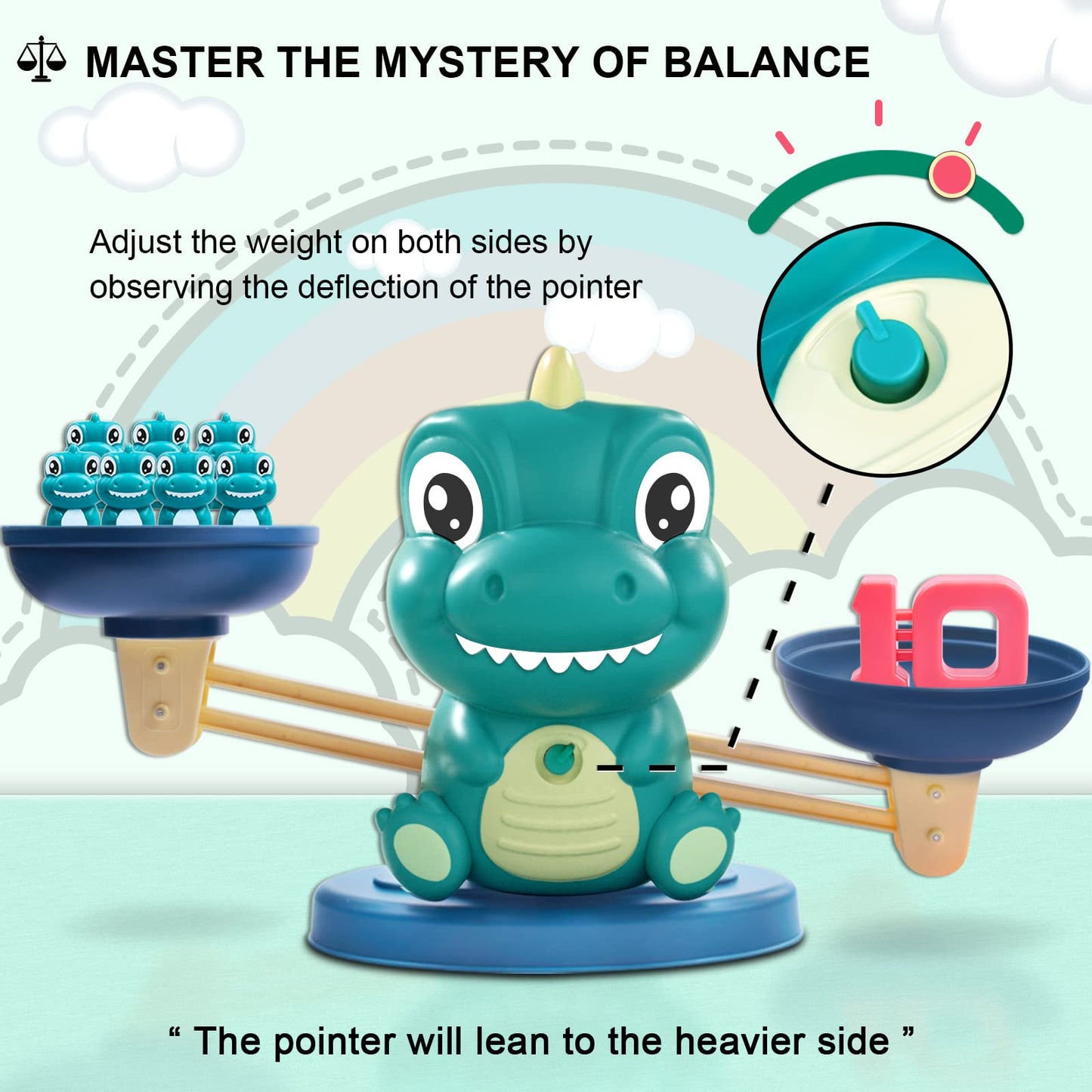 Preschool learning game setup illustrating how the number five balances exactly with five dinosaurs.