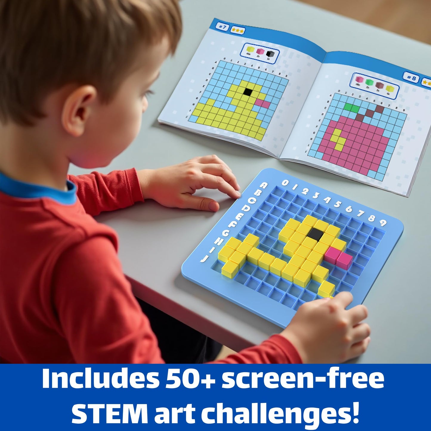 Educational screen-free grid board with vibrant plastic cubes showing a completed pattern.