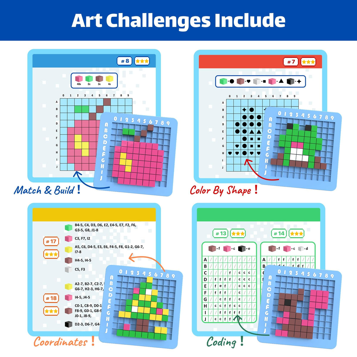 Tactile learning activity set with coding challenge cards and symmetry keys displayed.