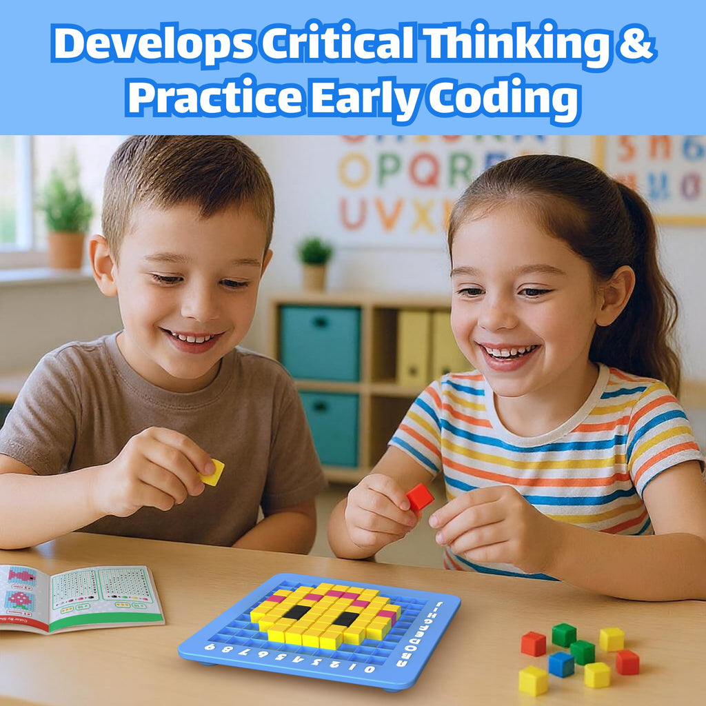 Durable non-toxic plastic pixel blocks layout for developing childhood fine motor skills.