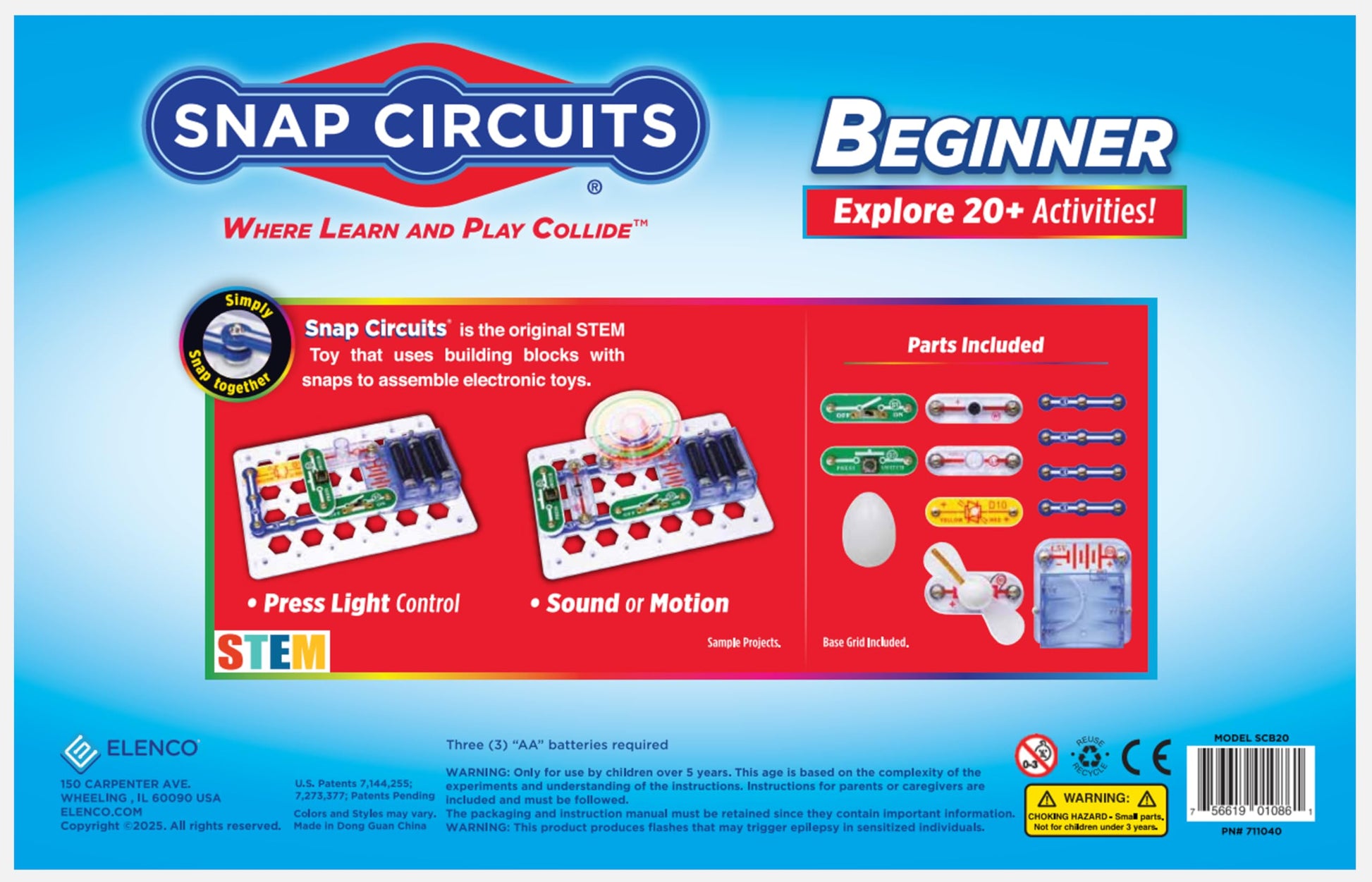 Fourteen child safe snap modules laid out next to the green base grid for easy STEM building.