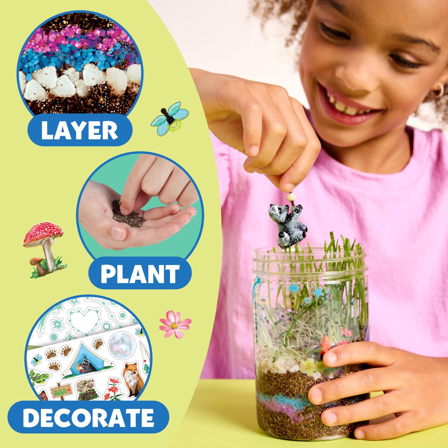 A beautifully decorated glowing tabletop terrarium garden sitting on a bedside nightstand acting as a comforting nightlight.