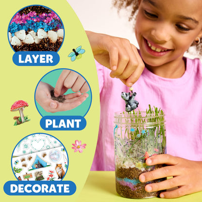 A beautifully decorated glowing tabletop terrarium garden sitting on a bedside nightstand acting as a comforting nightlight.