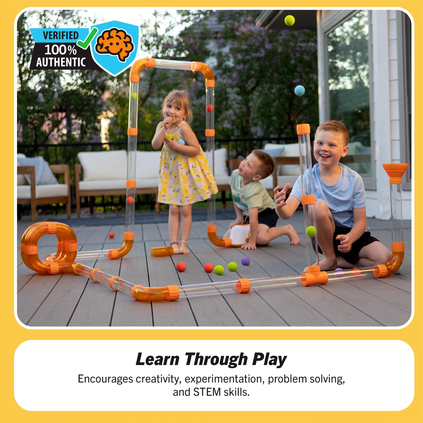 Kid safe modular transparent tubes and colorful curved connectors included in the Fat Brain Toys set.