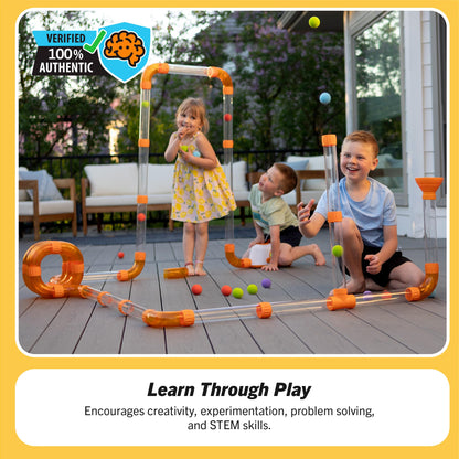 Kid safe modular transparent tubes and colorful curved connectors included in the Fat Brain Toys set.