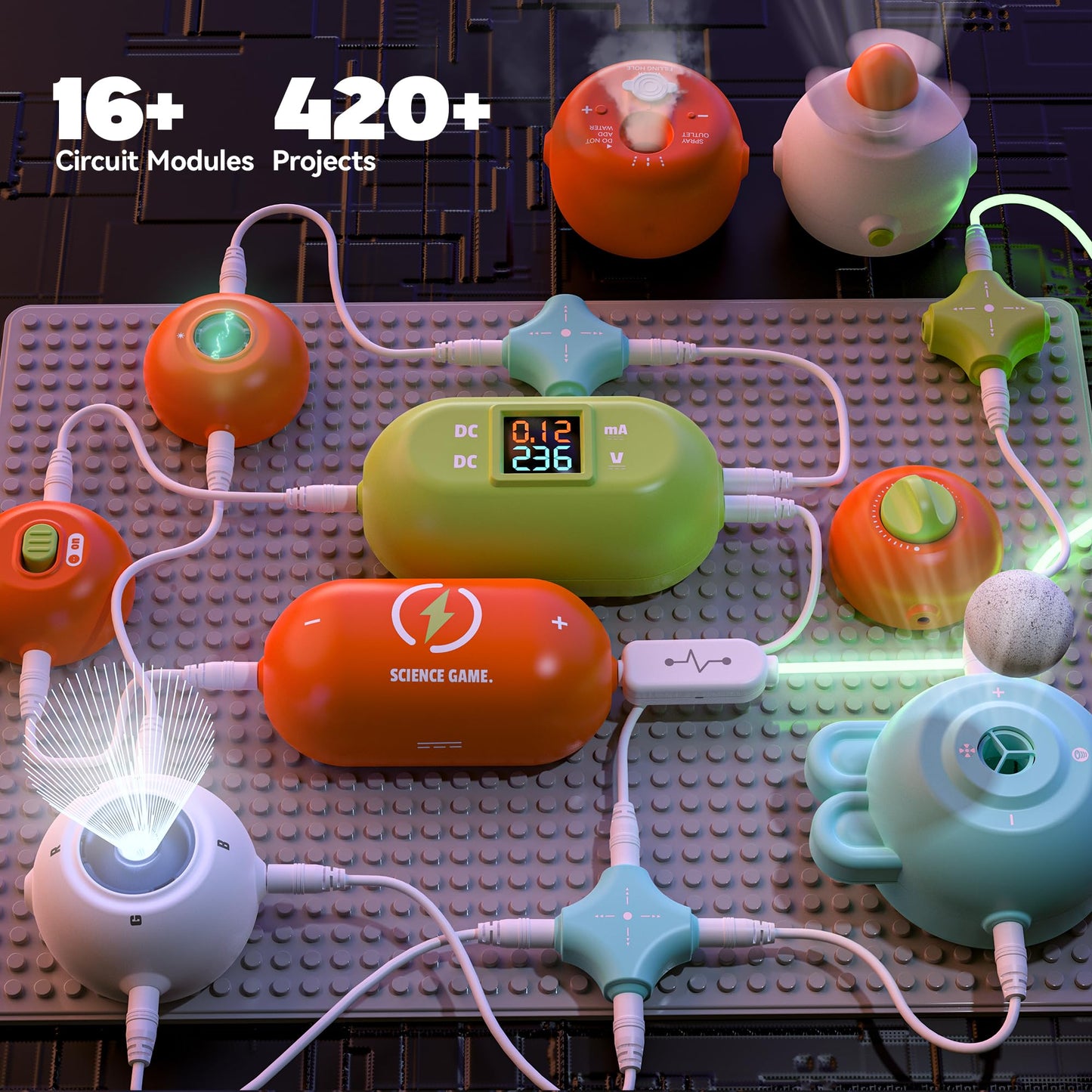 Thirty five orange and blue snap circuit modules arranged neatly inside the STEM educational toy set.