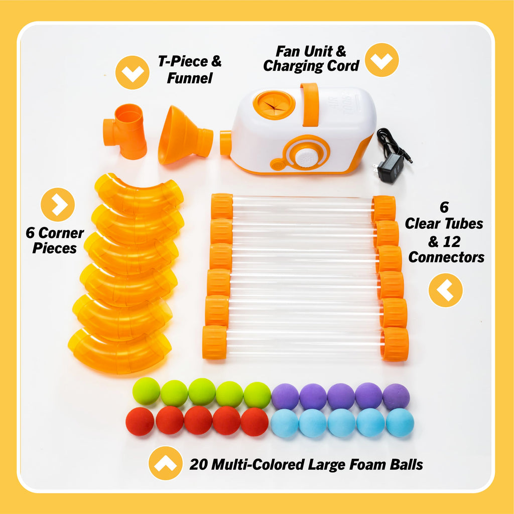 Assembled maze demonstration of the Fat Brain Toys tube system looping around furniture for active play.