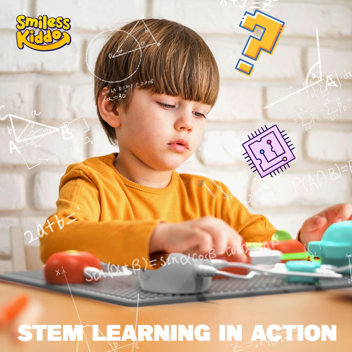 Young child successfully building an electrical circuit with the flying saucer accessory on the grid plate.