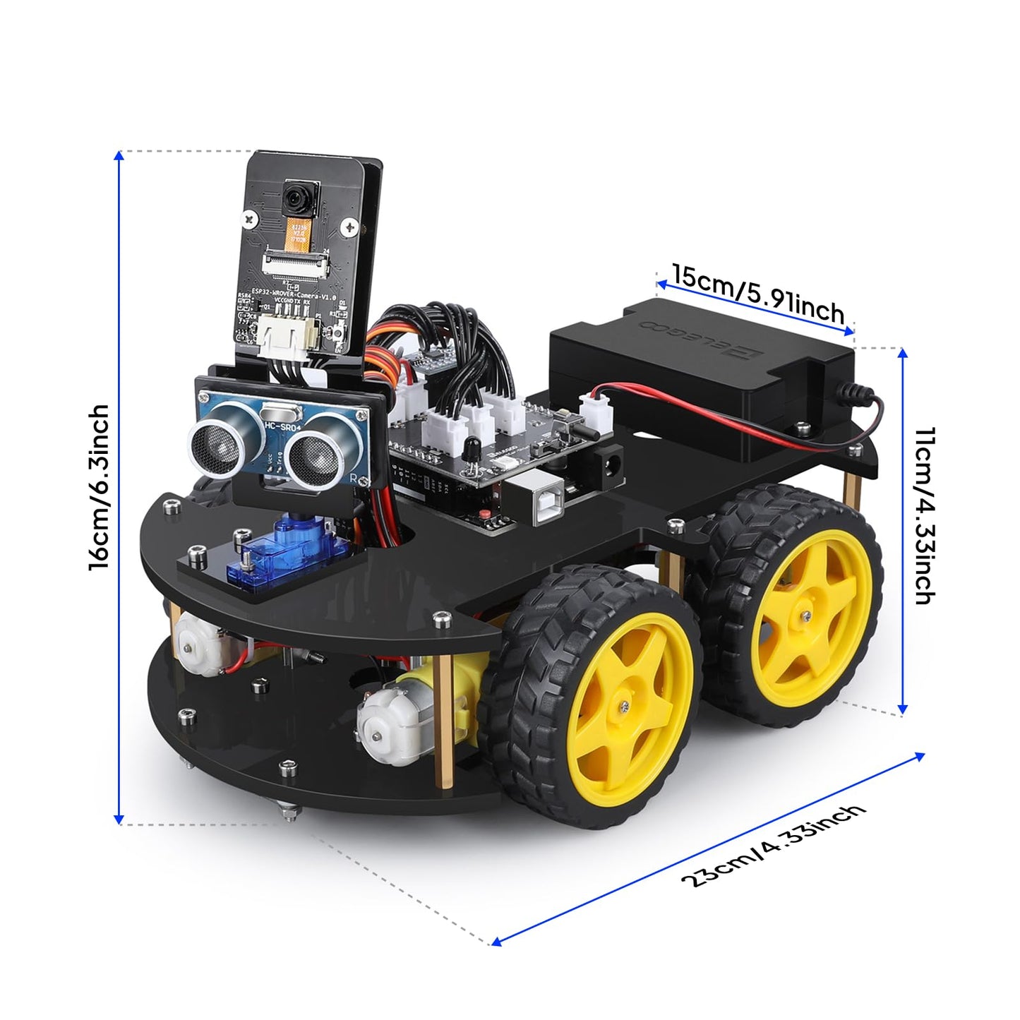 ELEGOO educational coding vehicle showing ultrasonic sensor configuration for obstacle avoidance