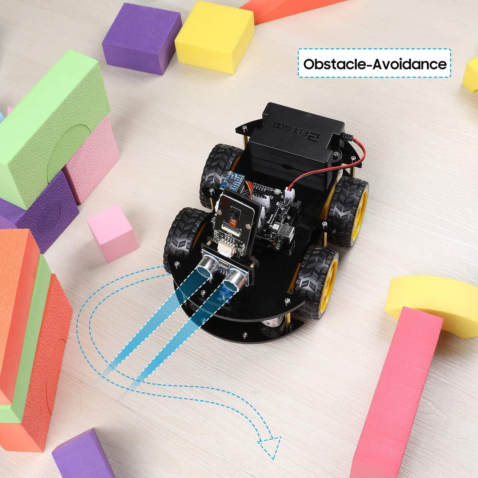 ELEGOO robot car demonstrating the autonomous line tracking module on a custom track setup