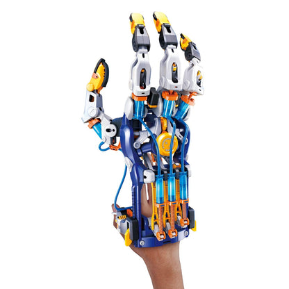 Assembled robot hand toy in claw configuration showing precision engineering parts and water hydraulics