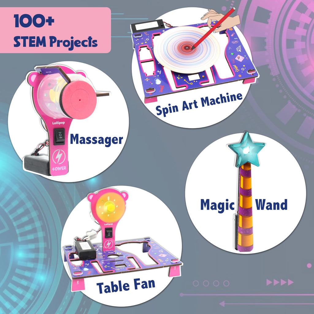 Butterfly EduFields girls mini engineering kit wooden pieces and circuit components laid out