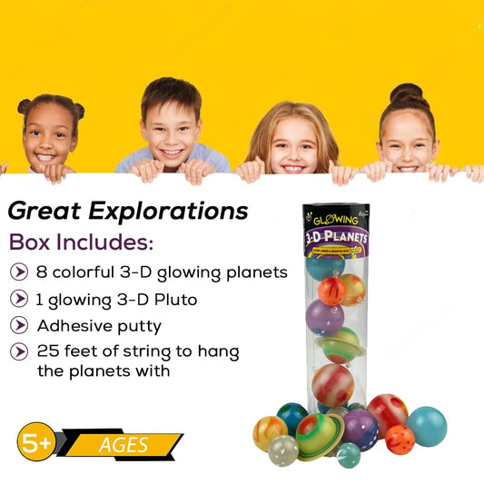 Close up view of the eight colorful three dimensional glowing planets and Pluto