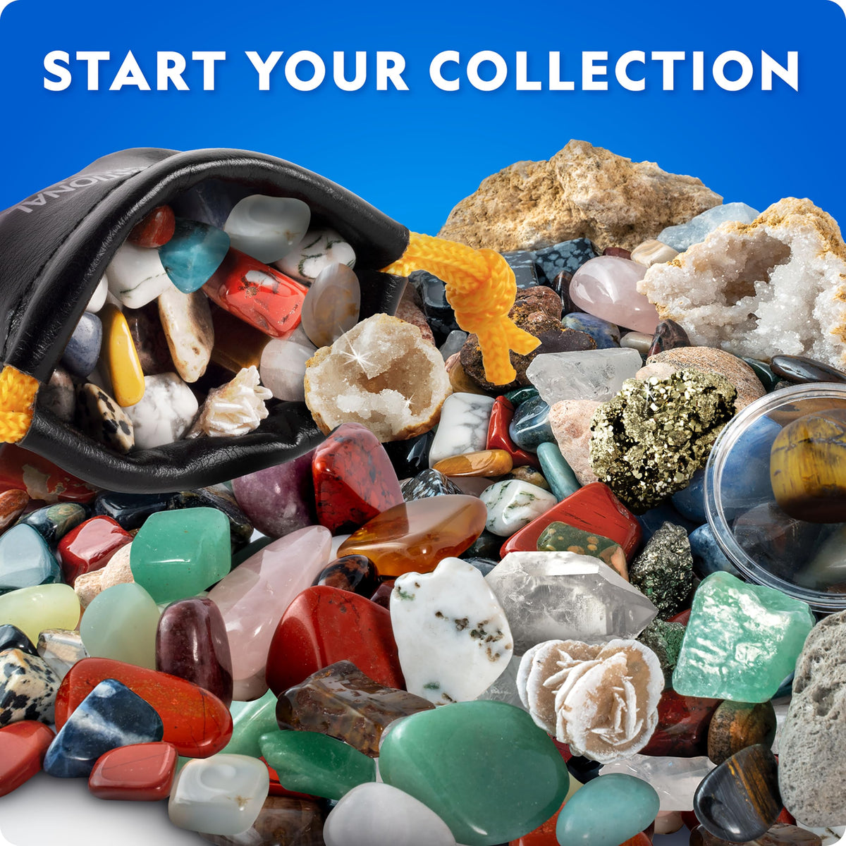 Blue Marble geology science toy displaying assortment of polished rocks and rough minerals.