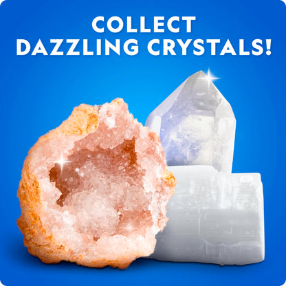 Educational STEM activity set showing kids how to break open real unbroken geodes.