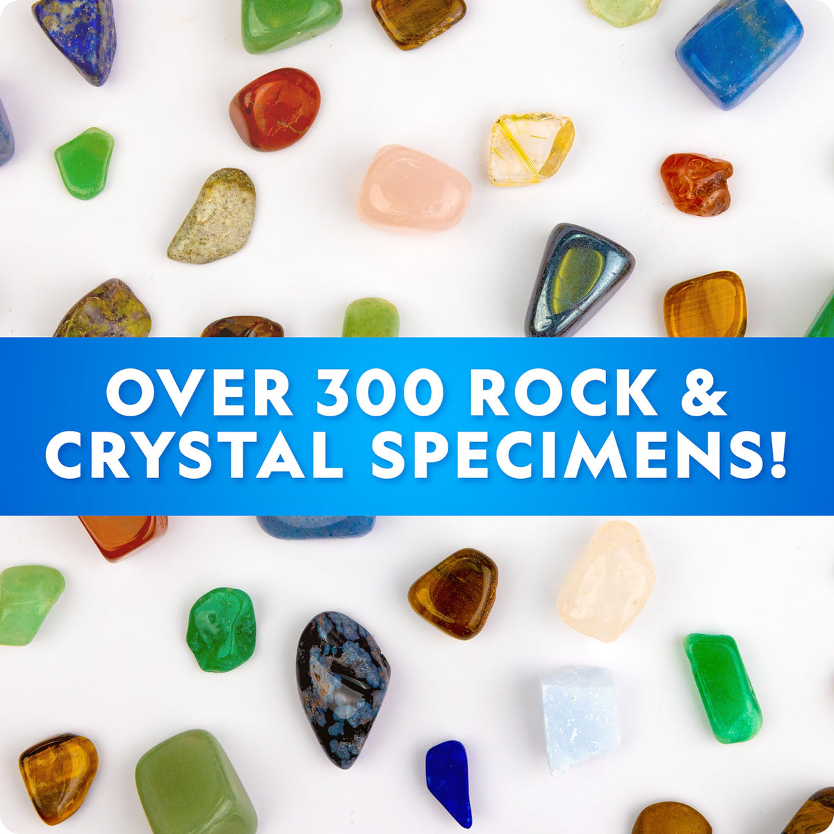 Full-color learning guide and magnifying glass tool included in the gemstone collection kit.
