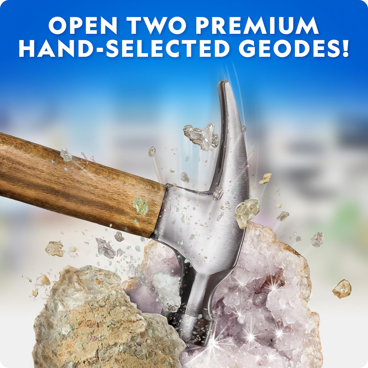 Mini display showcase box filled with colorful premium crystal samples like rose quartz.