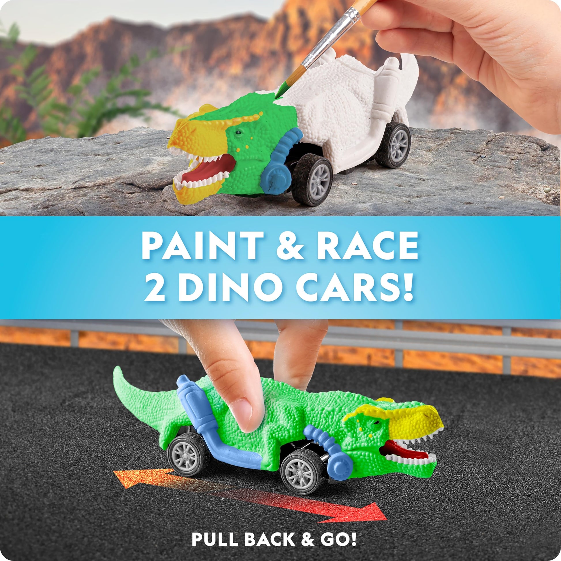 Two custom pull back dinosaur cars being painted with colorful acrylics