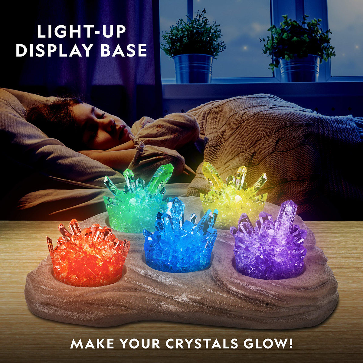 Six home-grown colorful crystals displayed beautifully on the included illuminated light-up stand