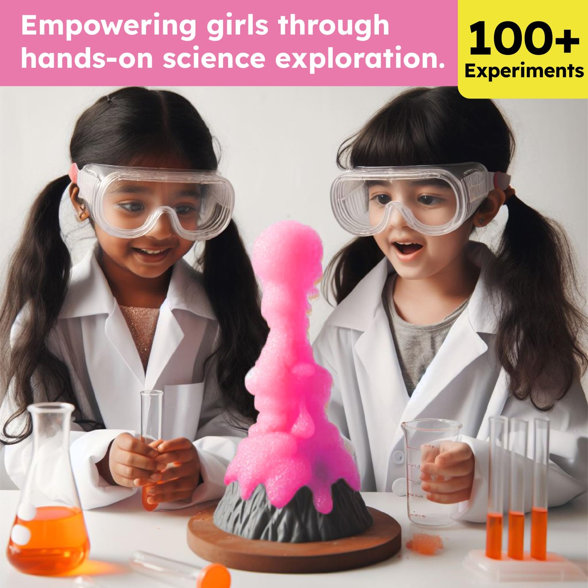 Butterfly EduFields girls science project illustration of the instant snow and volcano experiments.