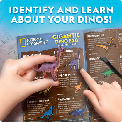 Children excavating hidden dinosaur toys from the giant clay egg using paleontology tools