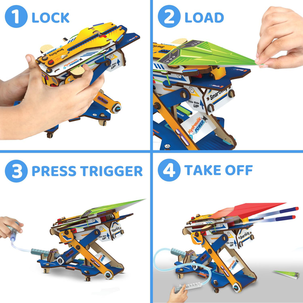 Smartivity mechanical machine launching a folded paper airplane using fluid pressure mechanics