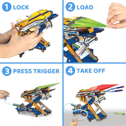 Smartivity mechanical machine launching a folded paper airplane using fluid pressure mechanics