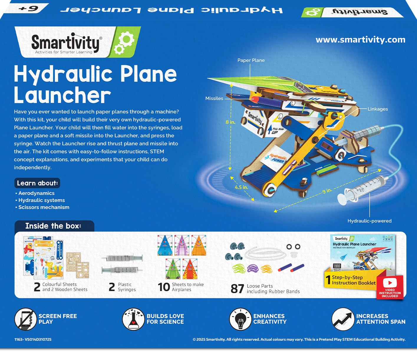 Smartivity DIY 2in1 hydraulic launcher toy box packaging showing the international STEM approval logo