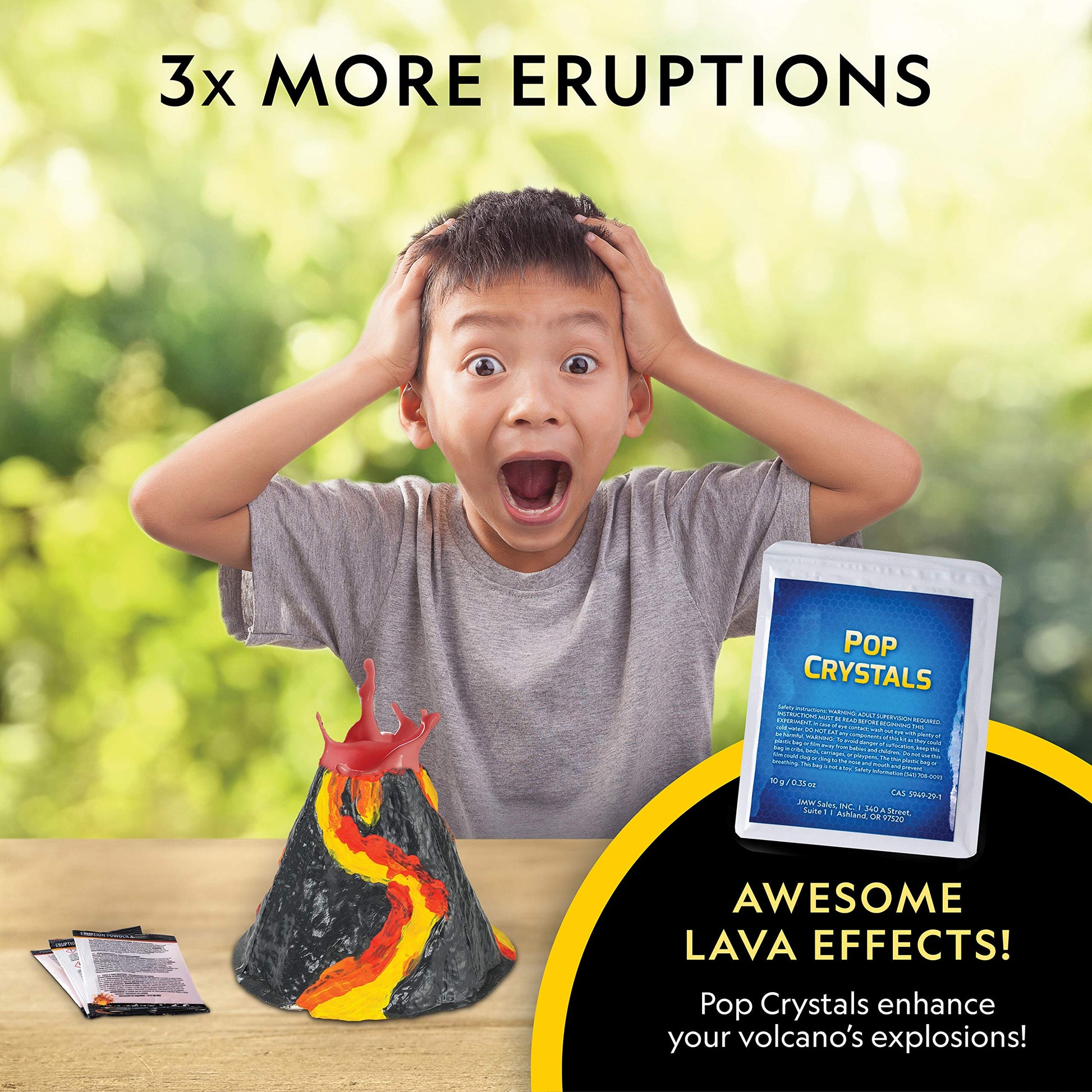 Molded plaster volcano toy erupting with red foam and pop crystals.