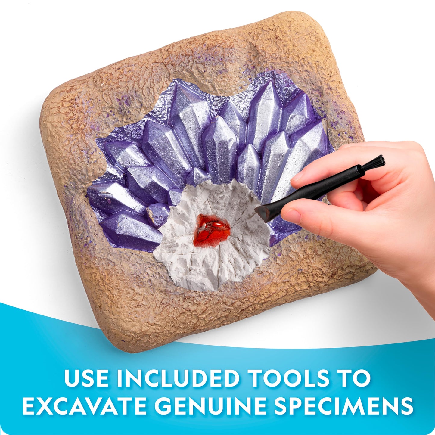 Fifteen authentic gemstones arranged beautifully alongside a full-color geology study guide.