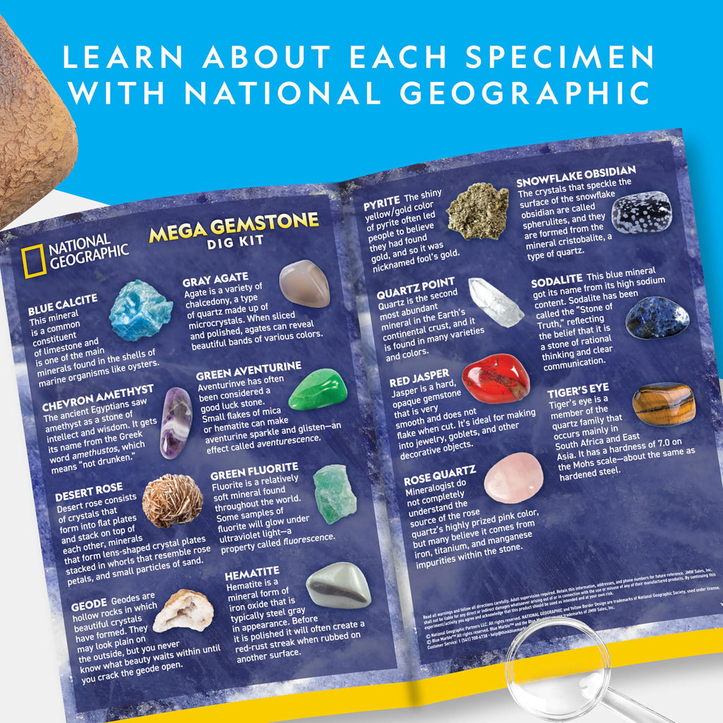 Magnifying glass highlighting the detailed texture of a genuine pyrite crystal from the kit.