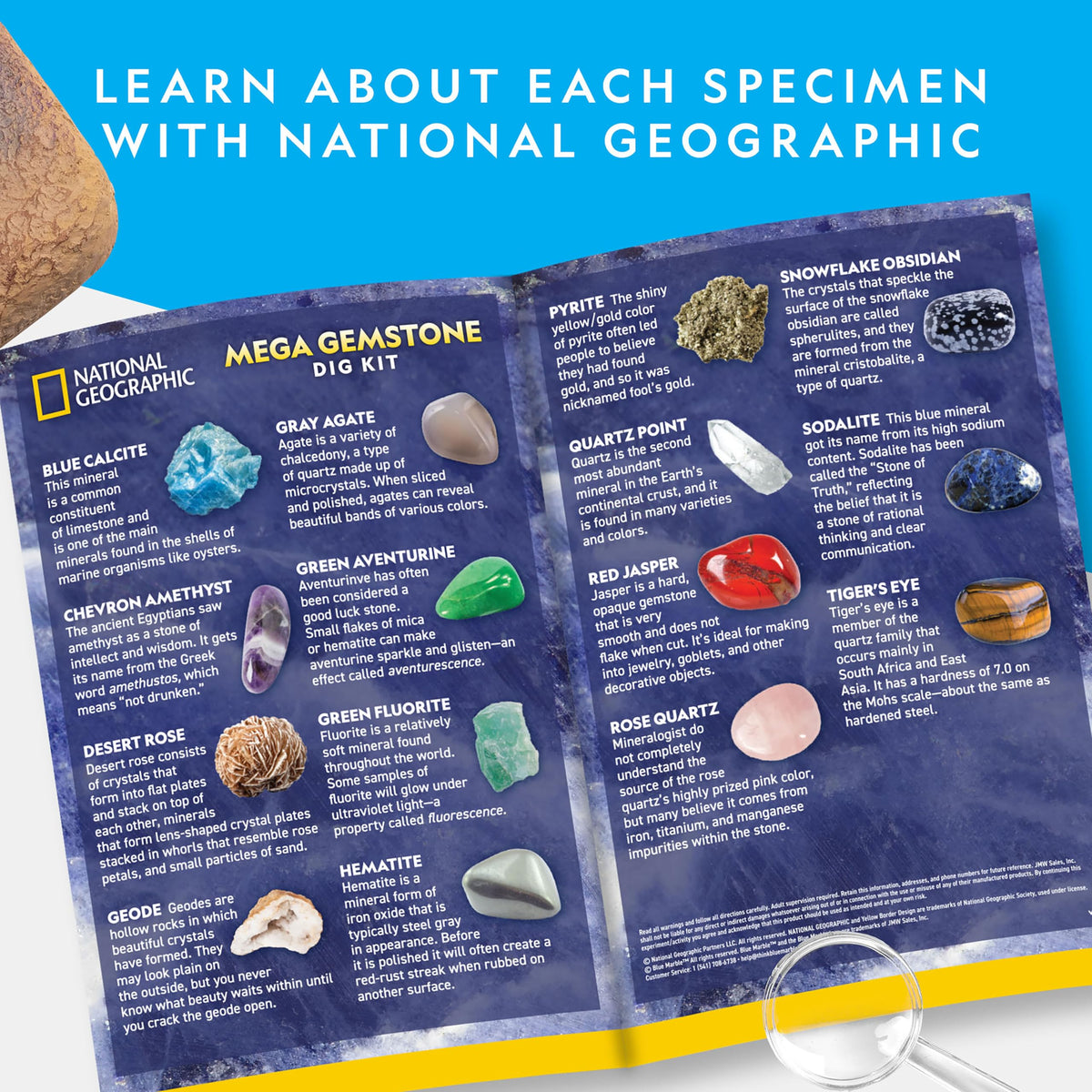 Magnifying glass highlighting the detailed texture of a genuine pyrite crystal from the kit.