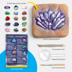 The complete box contents including the large plaster block, tools, and educational booklet.