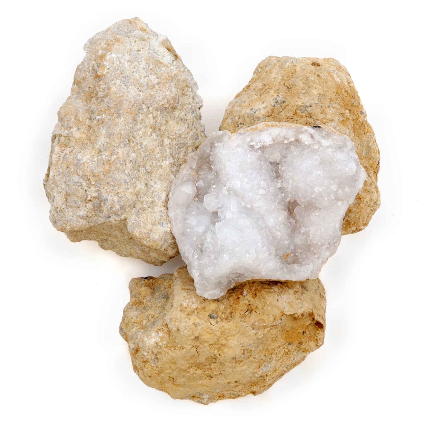 Natural round geode stone being placed inside a protective sock for safe cracking.