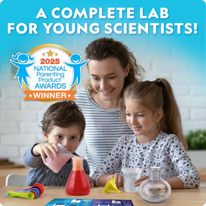 National Geographic kids science kit unboxed displaying test tubes and beakers for fifty experiments.