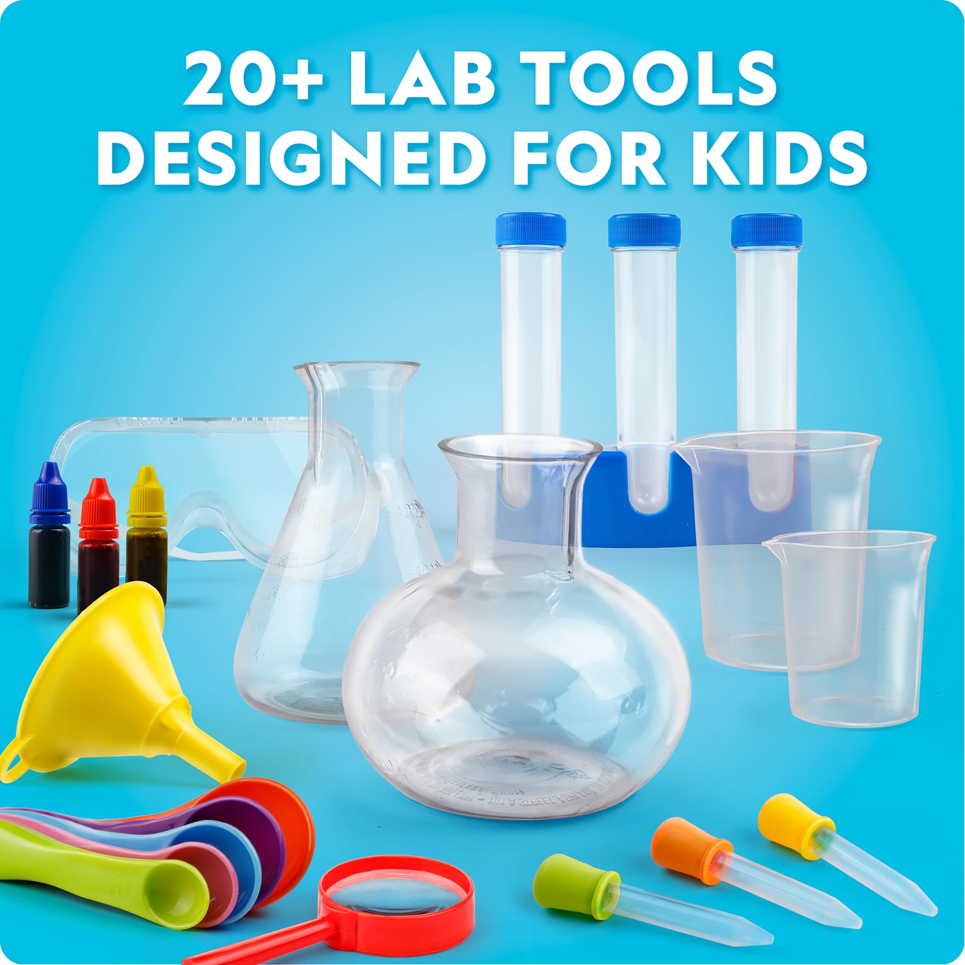 Close-up view of the durable measuring spoons and goggles from the premium imported junior science set.