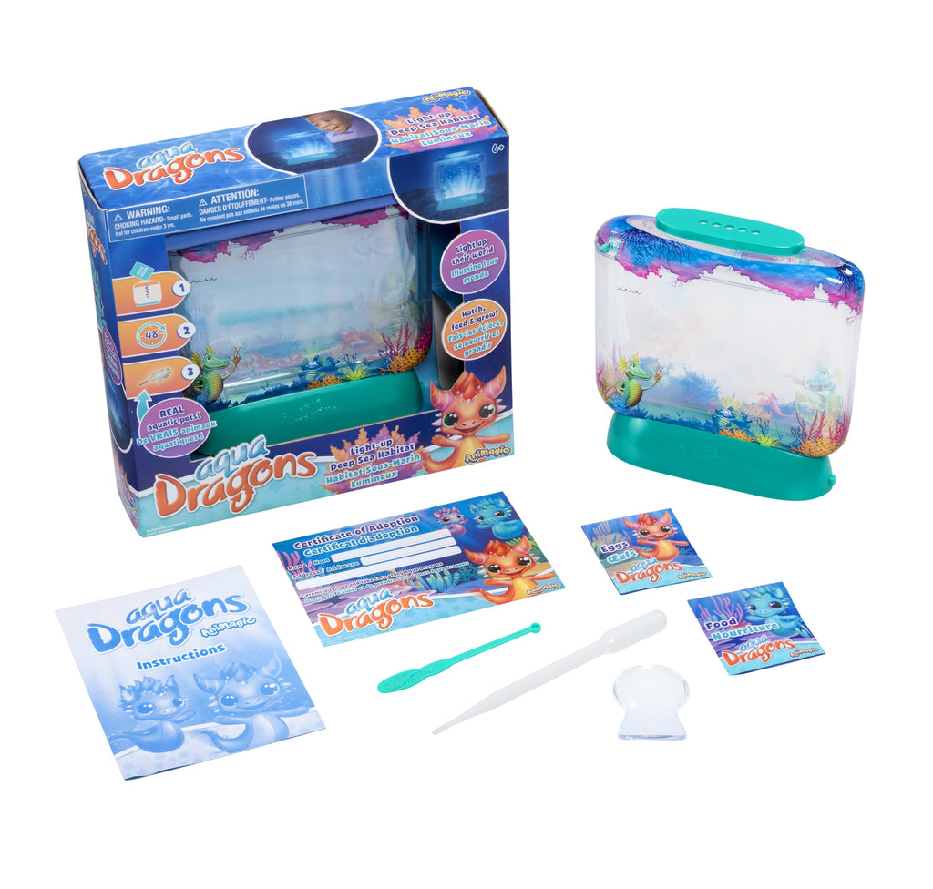 Illuminated aquatic habitat tank with built-in magnifier showing swimming marine pets