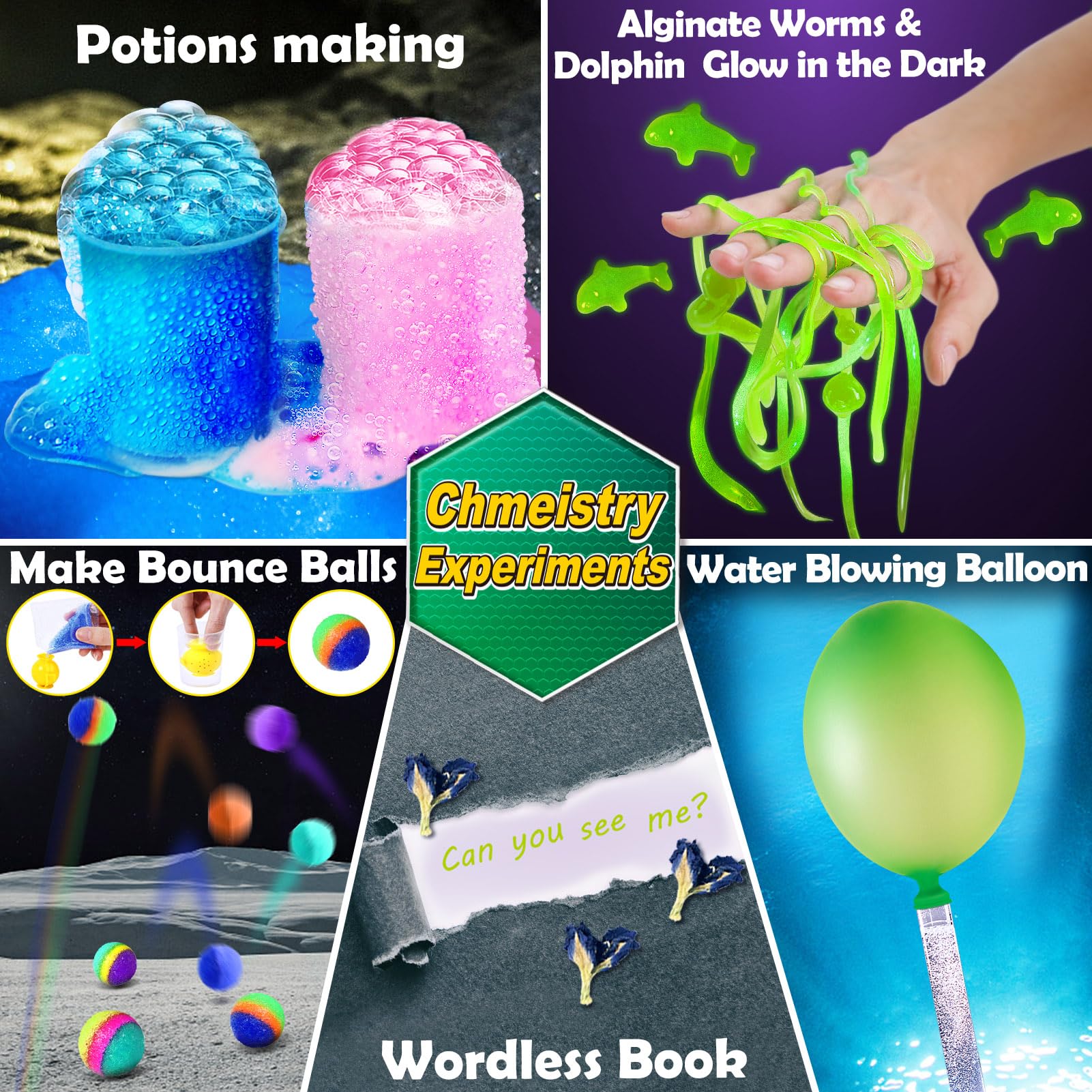 Illustrated step by step scientific instruction manual displayed with colorful chemistry experiment materials.
