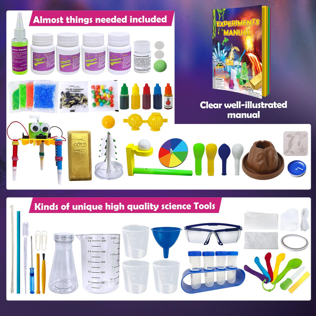 Full contents of the 150 projects STEM learning kit arranged neatly for home laboratory activities.