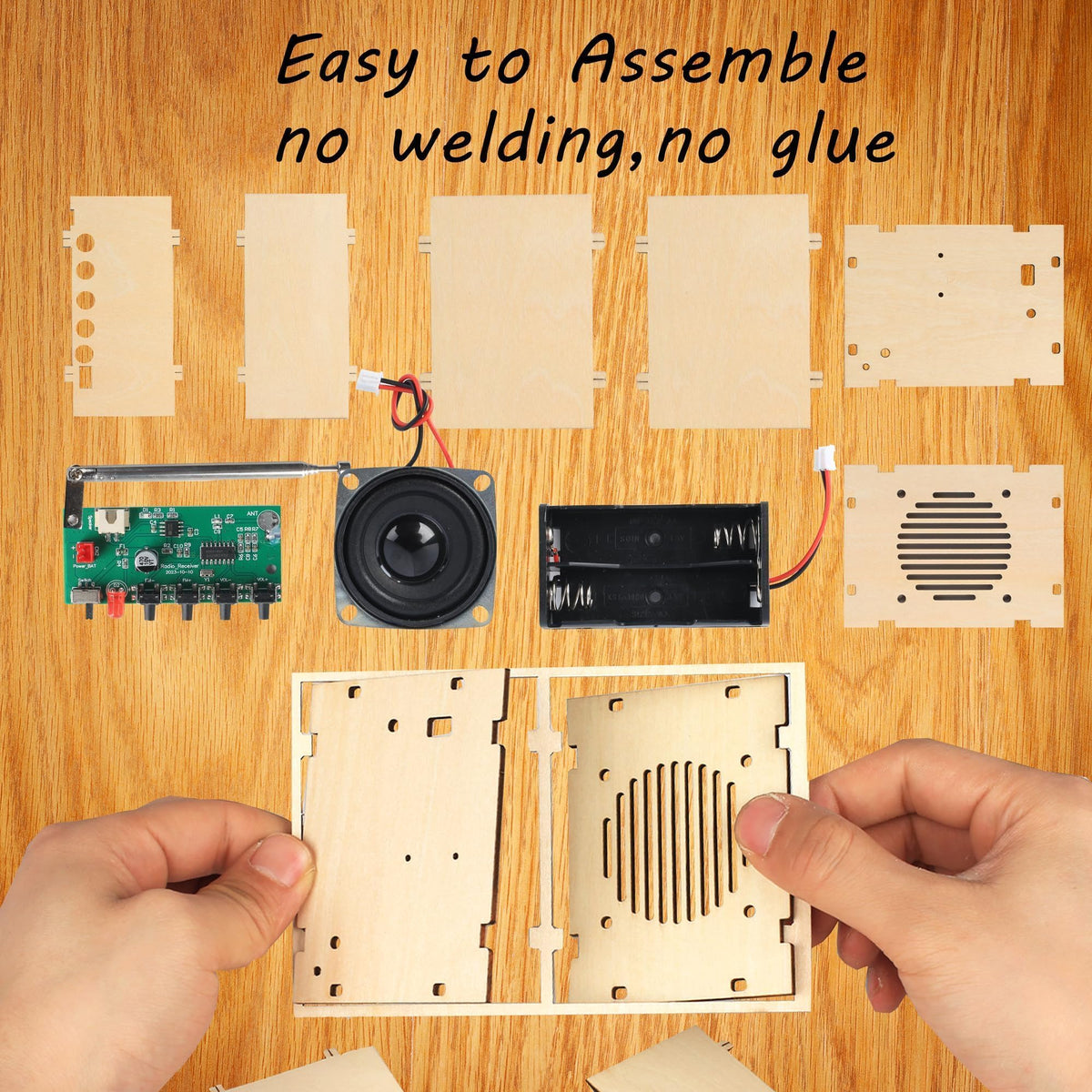 Side view of the compact wooden enclosure of the CYOEST snap circuits educational radio toy.