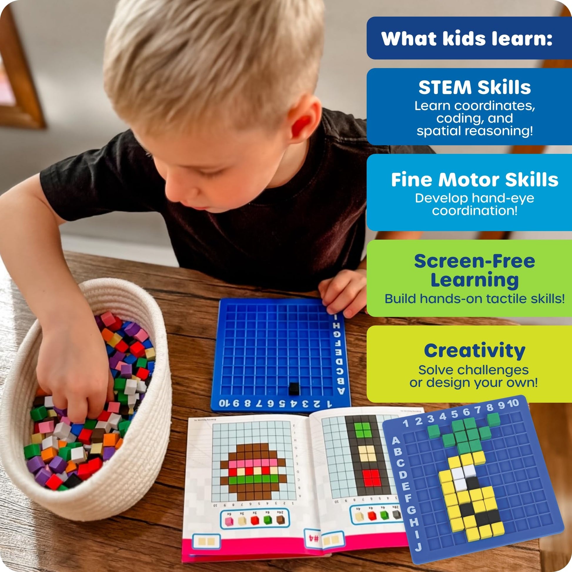 Open challenge booklet showing instructions for coordinate based learning activities with foam pieces.