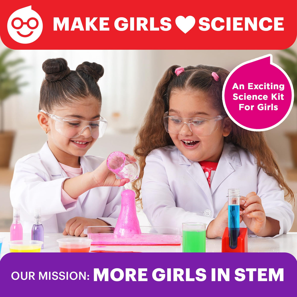 STEM learning kit for girls showing flasks beakers and colorful rainbow backdrop
