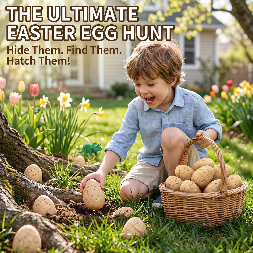 Children using chisels and brushes to dig out unique miniature toy dinosaurs from clay eggs