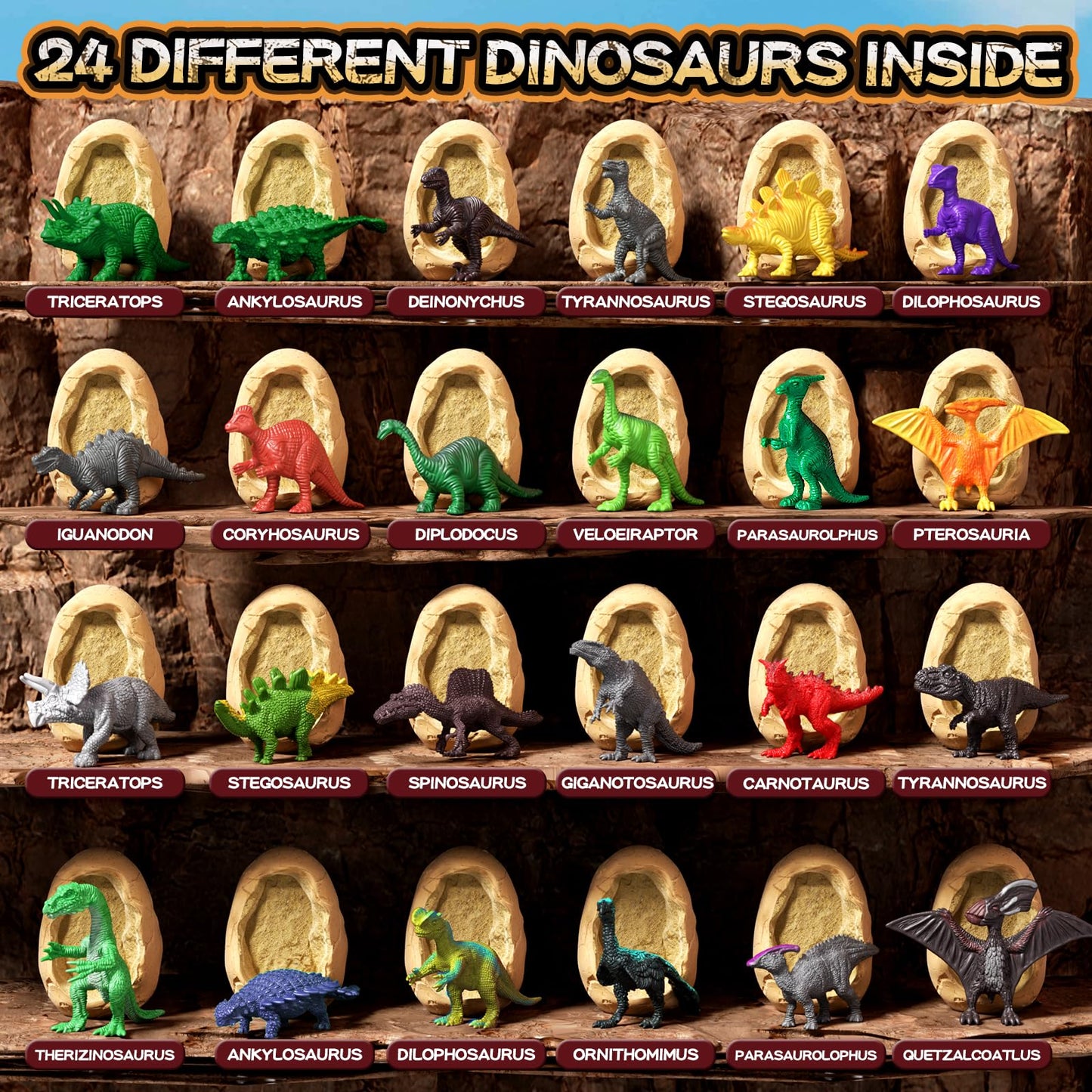 Magnifying glass zooming in on a small toy dinosaur figurine next to its history card