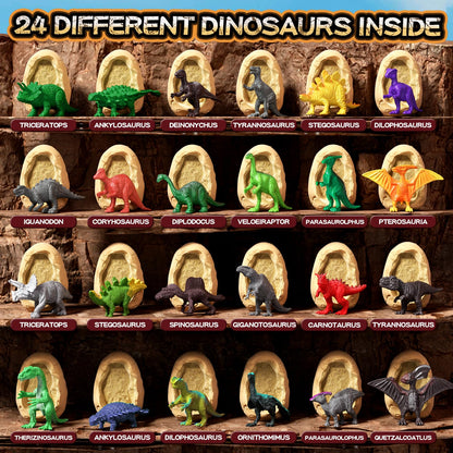 Magnifying glass zooming in on a small toy dinosaur figurine next to its history card