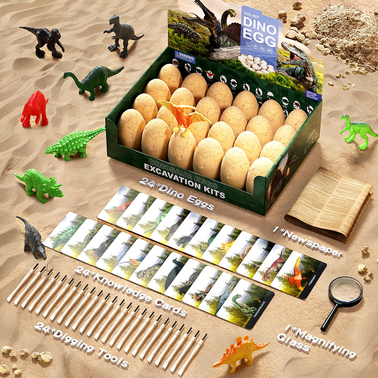 A child proudly holding a newly excavated toy dinosaur model from the Uregoio kit
