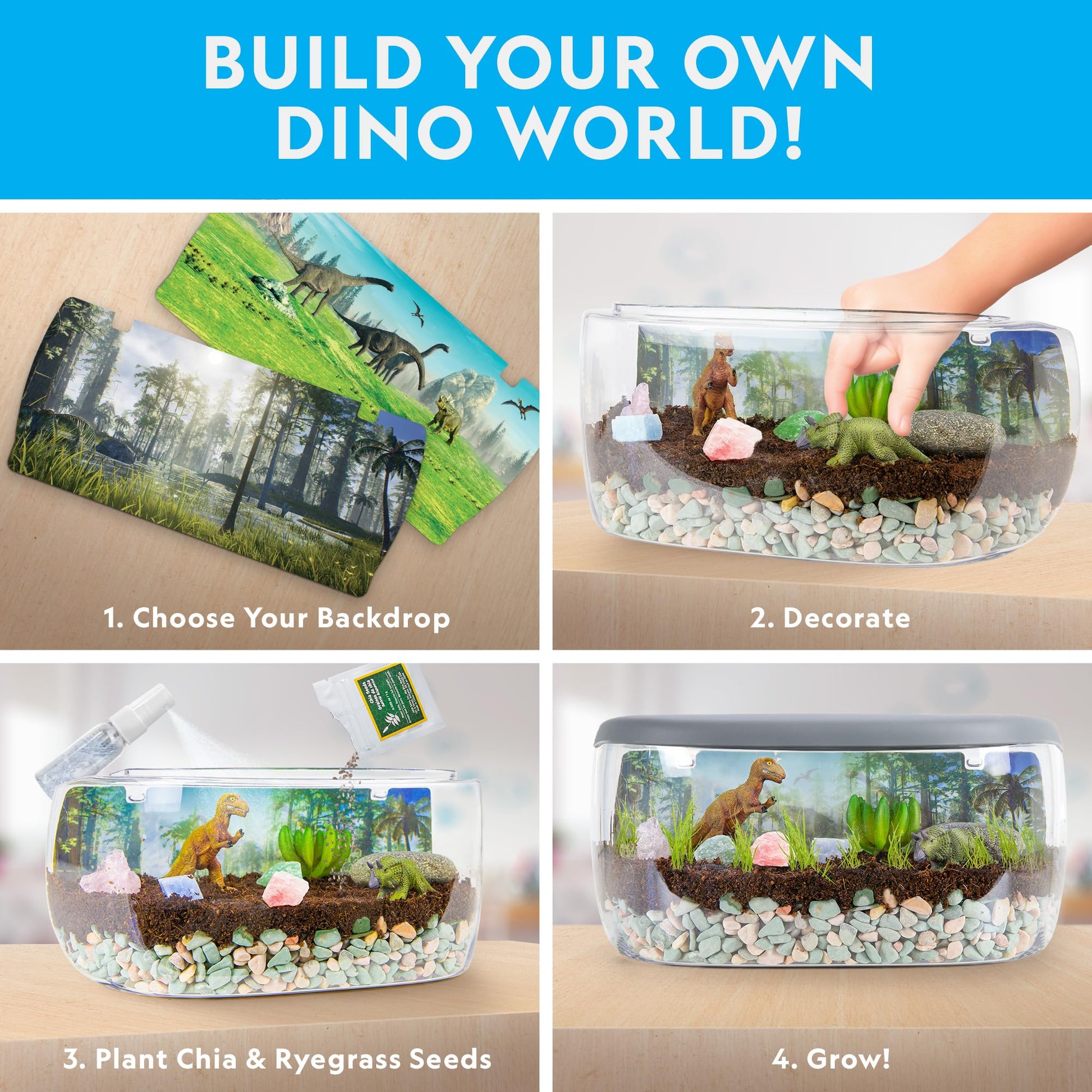 Blue Marble dinosaur terrarium jar illuminated at night with green plants
