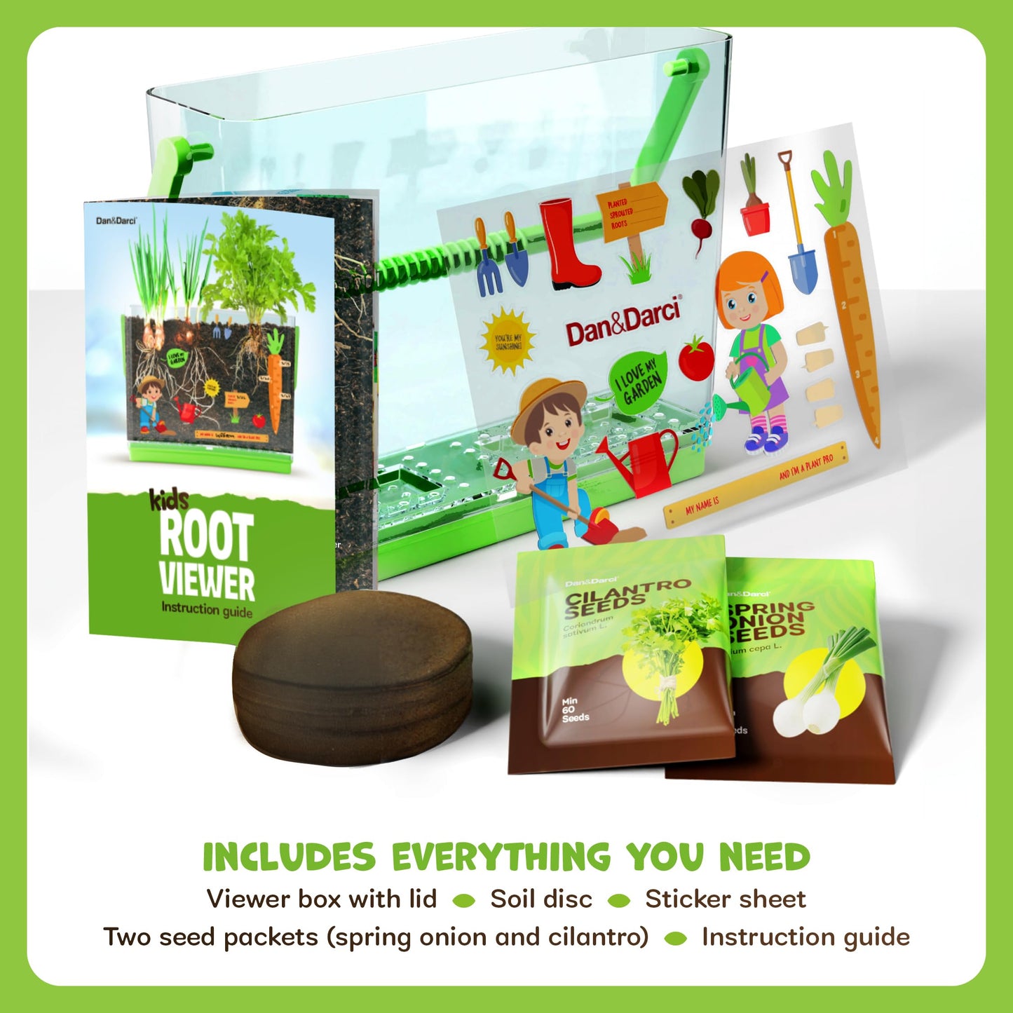 Educational botany craft set for boys and girls showing green plant sprouts popping out from the soil