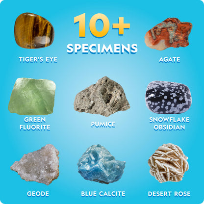 Close up view of the green crystal growing chamber and genuine geological samples from the Blue Marble kit.