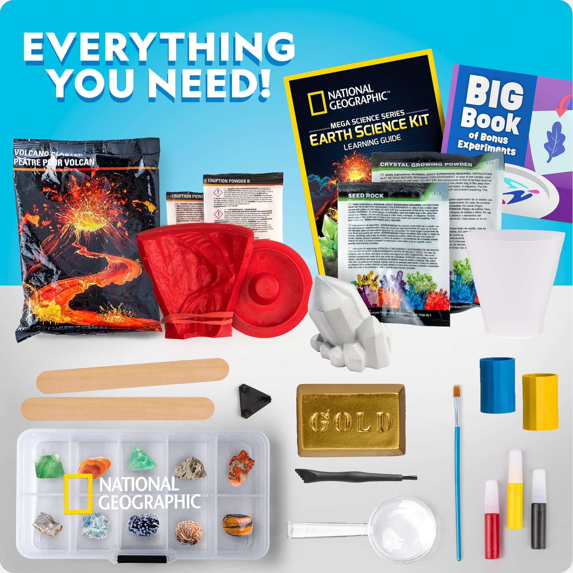Dueling water tornadoes experiment tubes and eruption powders included in the National Geographic science toy.